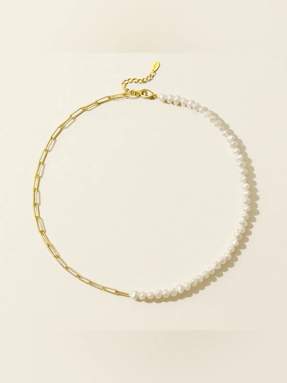 Gold Paper Clip Pearl Necklace - Gold & White